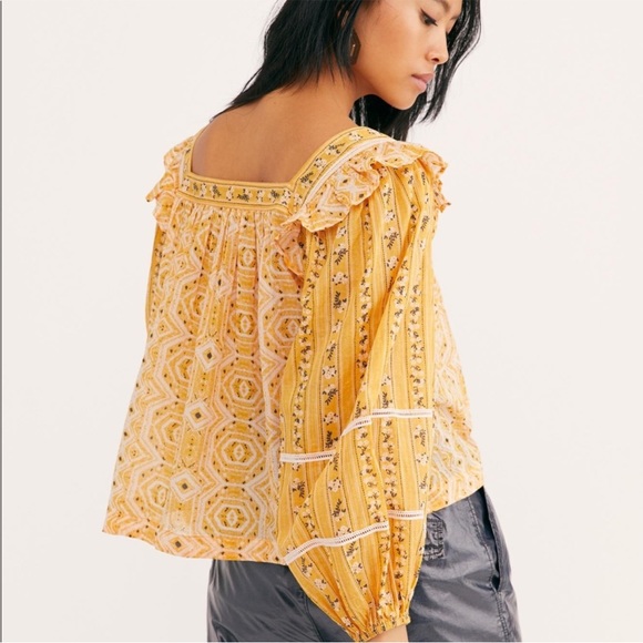 Free people blouse yellow mustard sheer xs square neck - Picture 2 of 7